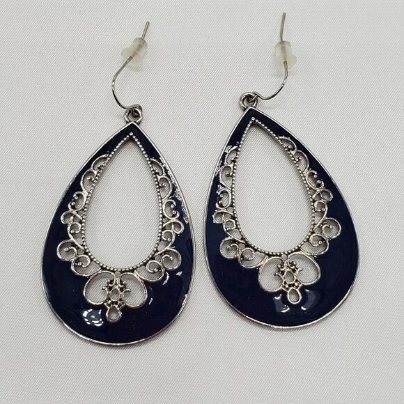 🩵NWOT Premier "Color Pop" Blue & Silver Toned Scroll Teardrop Earrings - Picture 2 of 7